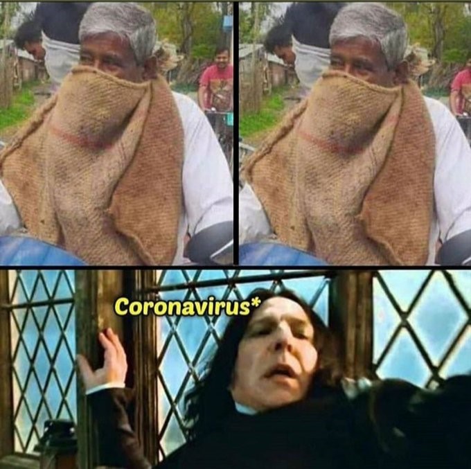 Image of a terrified Prof Snape (representing corona) seeing an Indian man wearing a gunny bag mask. This meme represents Indian jugaad in humour.