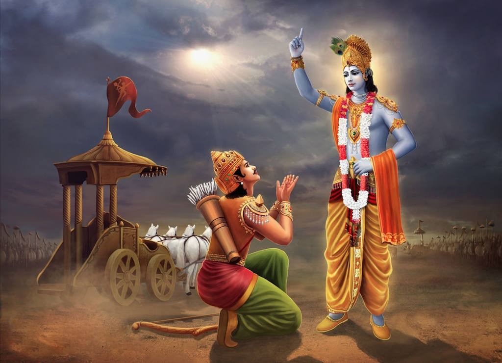Arjun and Krishna in Kurukshetra, Geeta