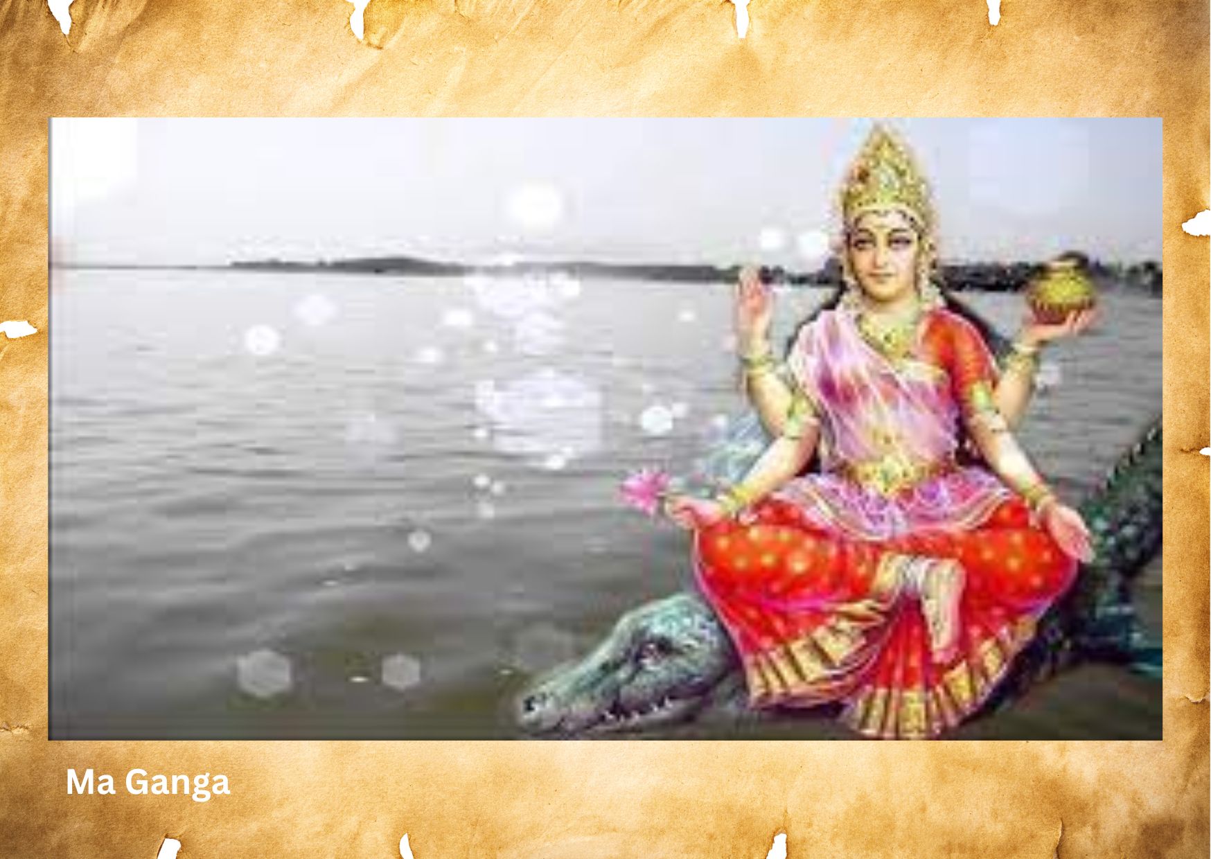 Hindu Goddess Ganga seated on a crocodile on river  Ganga
