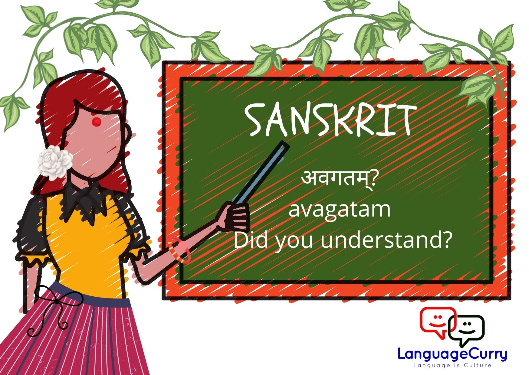 illustration os a girls teaching Sanskrit with help of a blackboard
