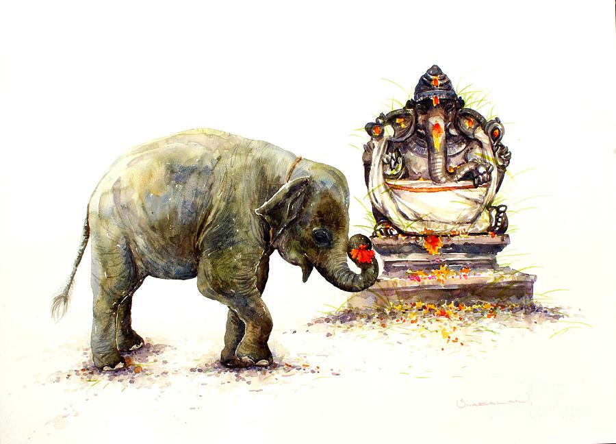 Elephant praying to Ganesha a painting by Siva Balan