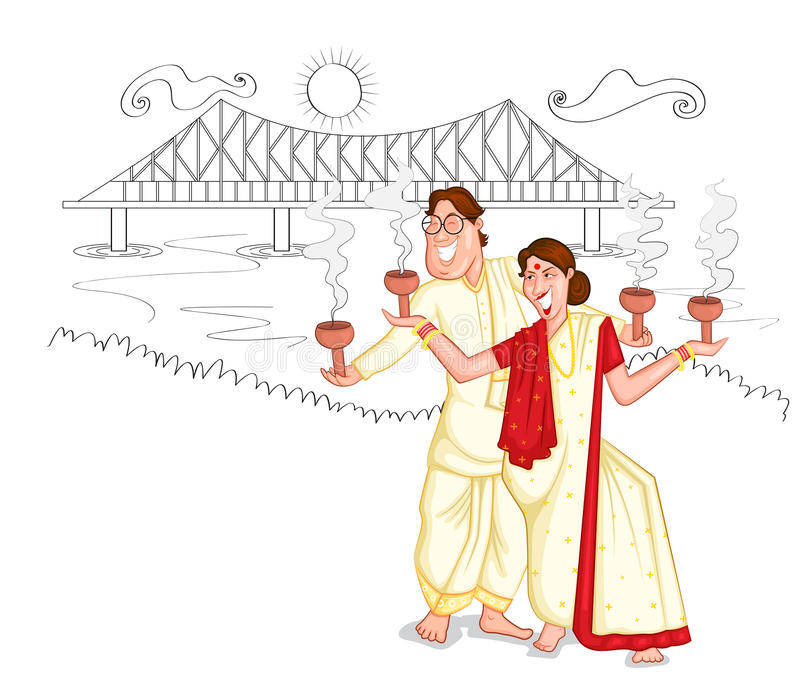 A bengali couple in traditional attire, performing a prayer dance